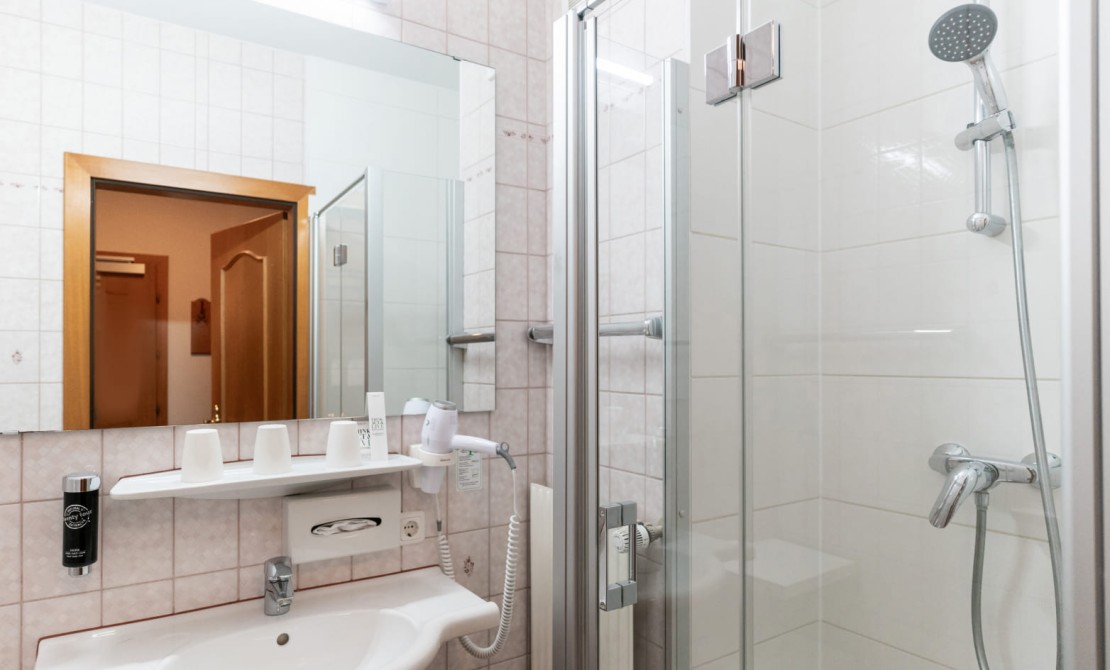 Modernes Badezimmer mit Dusche und Waschtisch im Dreibettzimmer